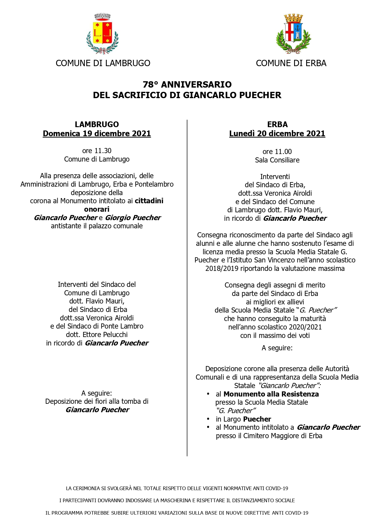 78° anniversario del sacrificio di Giancarlo Puecher