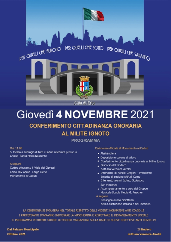 4 novembre 2021 Conferimento cittadinanza onoraria al Milite Ignoto